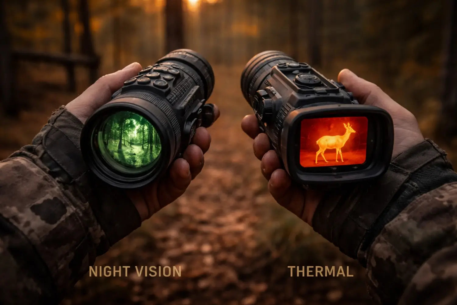 Close-up of hunter comparing night vision and thermal optics scopes in a dusk forest, highlighting hunting gear options.