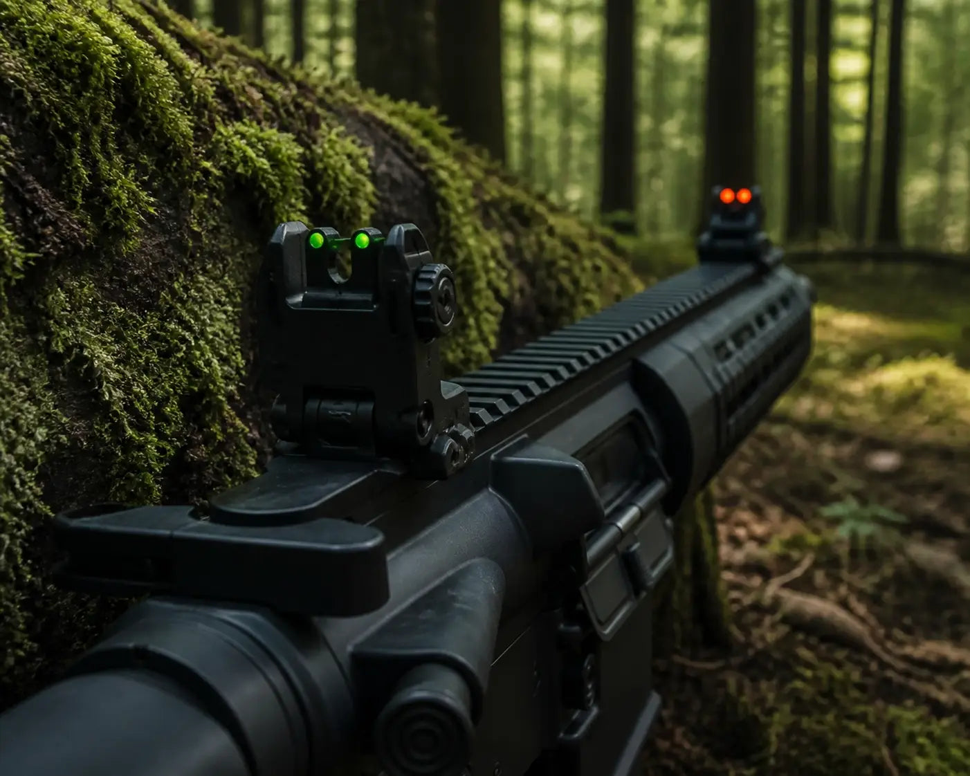 High-visibility rifle night sights on a mossy forest log for accurate and ethical hunting.