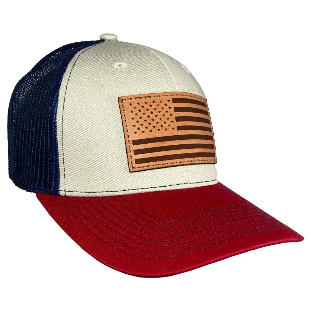 Outdoor Cap Company Caps Hats & Beanies|hats|clothing Footwear Stone/navy/cardinal Trucker with Usa Flag Leather Patch