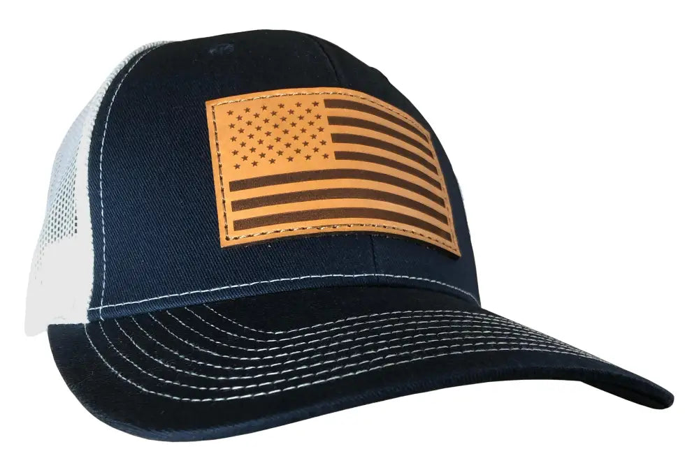 Outdoor Cap Company Caps Hats & Beanies|hats Navy/white Trucker with Usa Flag Leather Patch Buy at Faith and Freedom