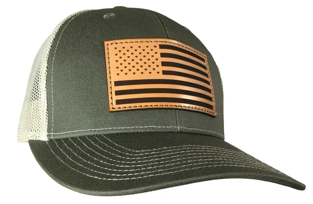 Outdoor Cap Company Caps Hats & Beanies|hats Olive/khaki Trucker with Usa Flag Leather Patch Buy at Faith and Freedom
