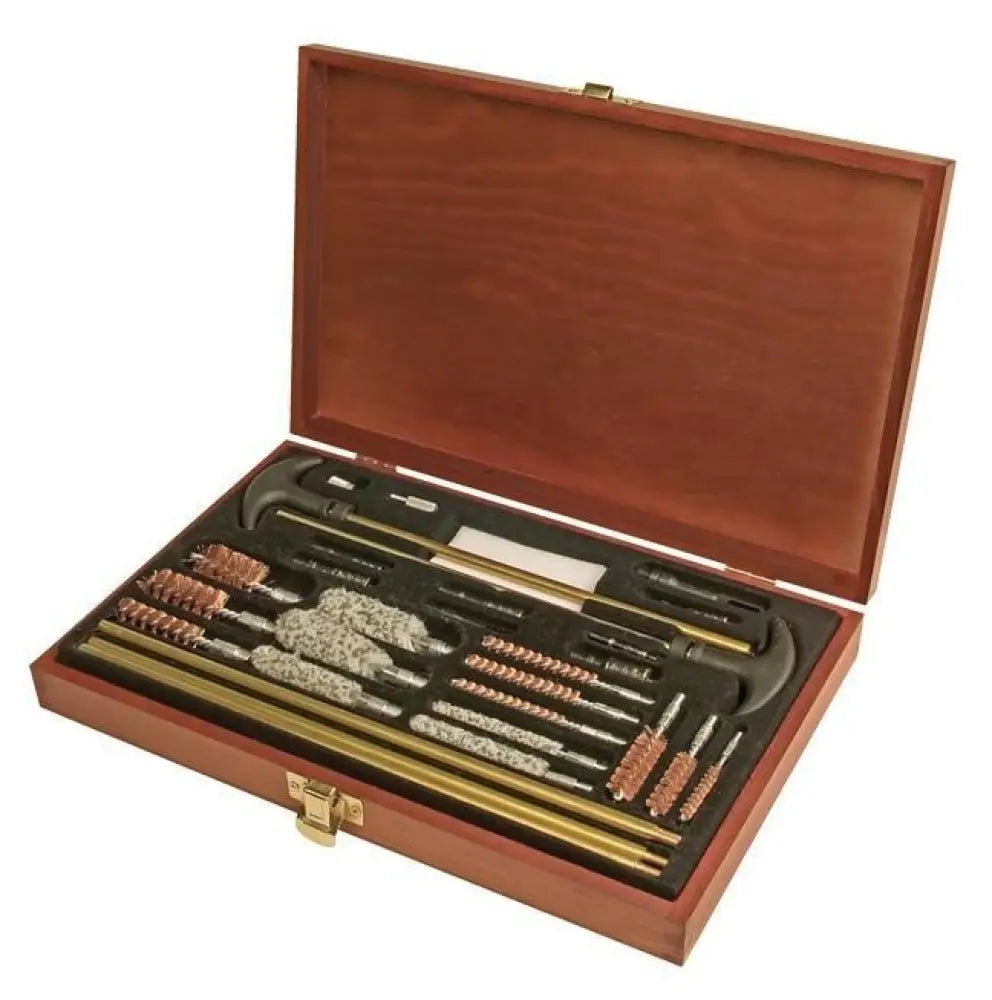 Outers Gun Cleaning Kits 32 Piece Universal Wood Box Buy at Faith and Freedom Outdoors