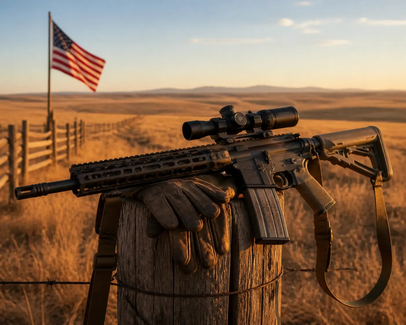 Tactical rifle and gear on a rustic fence post representing freedom and protection for believers.