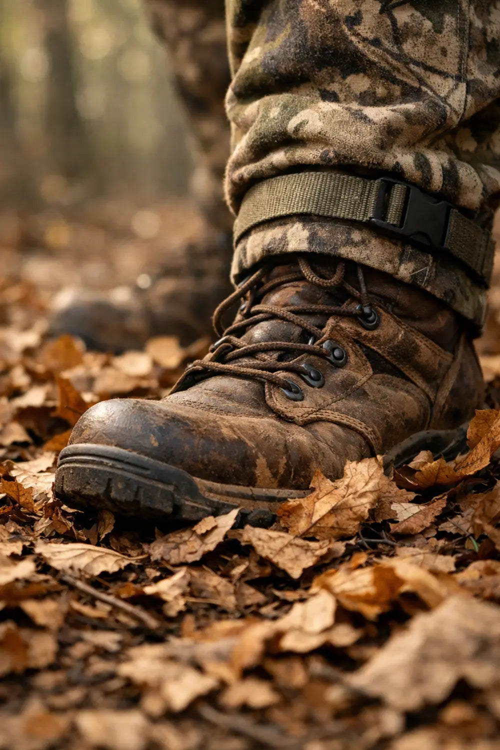 Rugged leather hunting boots and camouflage trousers on an autumn forest floor during a morning hunt.
