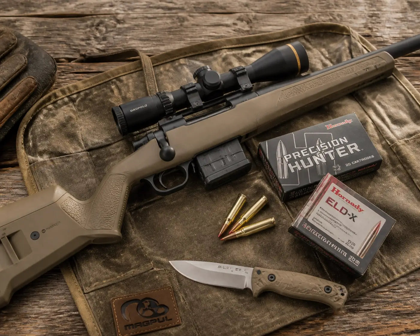 Tactical gear display with Magpul rifle parts, Hornady ammunition, and a Camillus fixed blade knife.