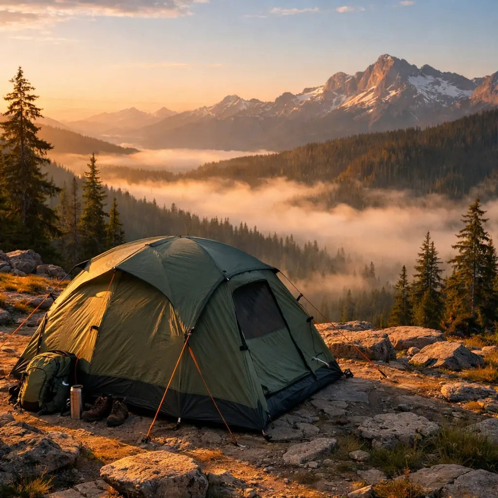 Durable expedition tent pitched on a mountain ridge, providing a secure shelter during a wilderness retreat.