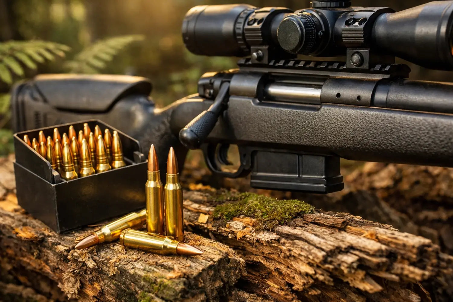 High-precision rifle and ammunition on a woodland log, symbolizing stewardship and excellence in hunting.