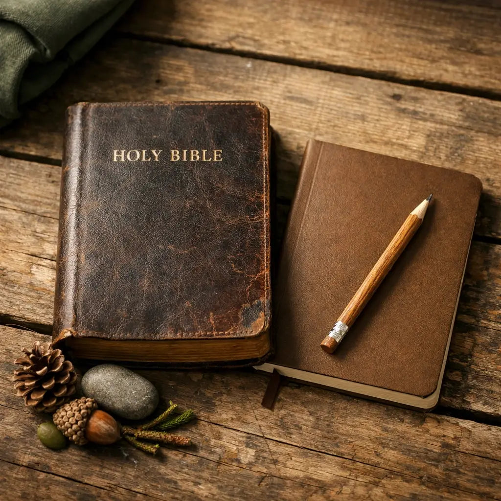 A Bible, journal, and pinecone on a camp table for spiritual reflection during a nature retreat.