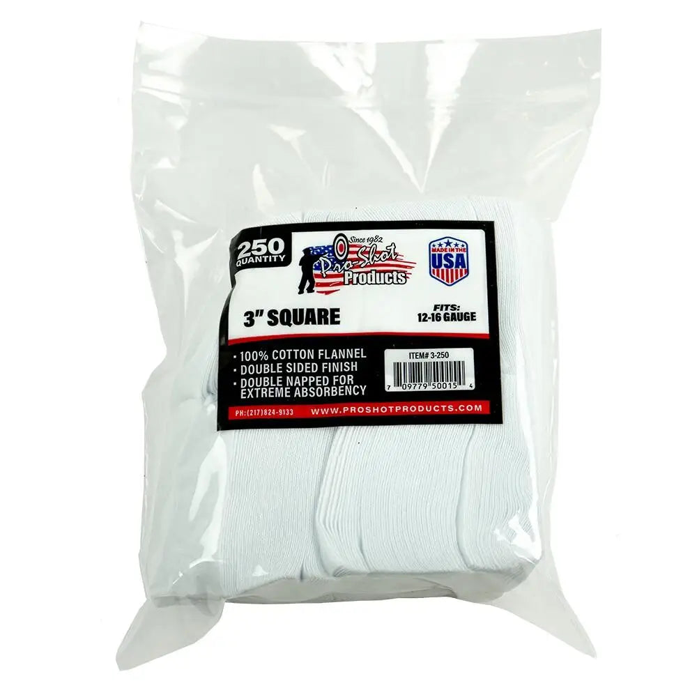 Pro-shot Products Gun Cleaning Jags Patch Holders & Patches 3’’ Square 100% Cotton 250/ct Buy at Faith and Freedom
