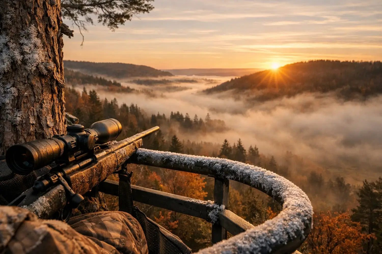 A hunter’s view from a treestand at sunrise, reflecting on faith in the great outdoors.