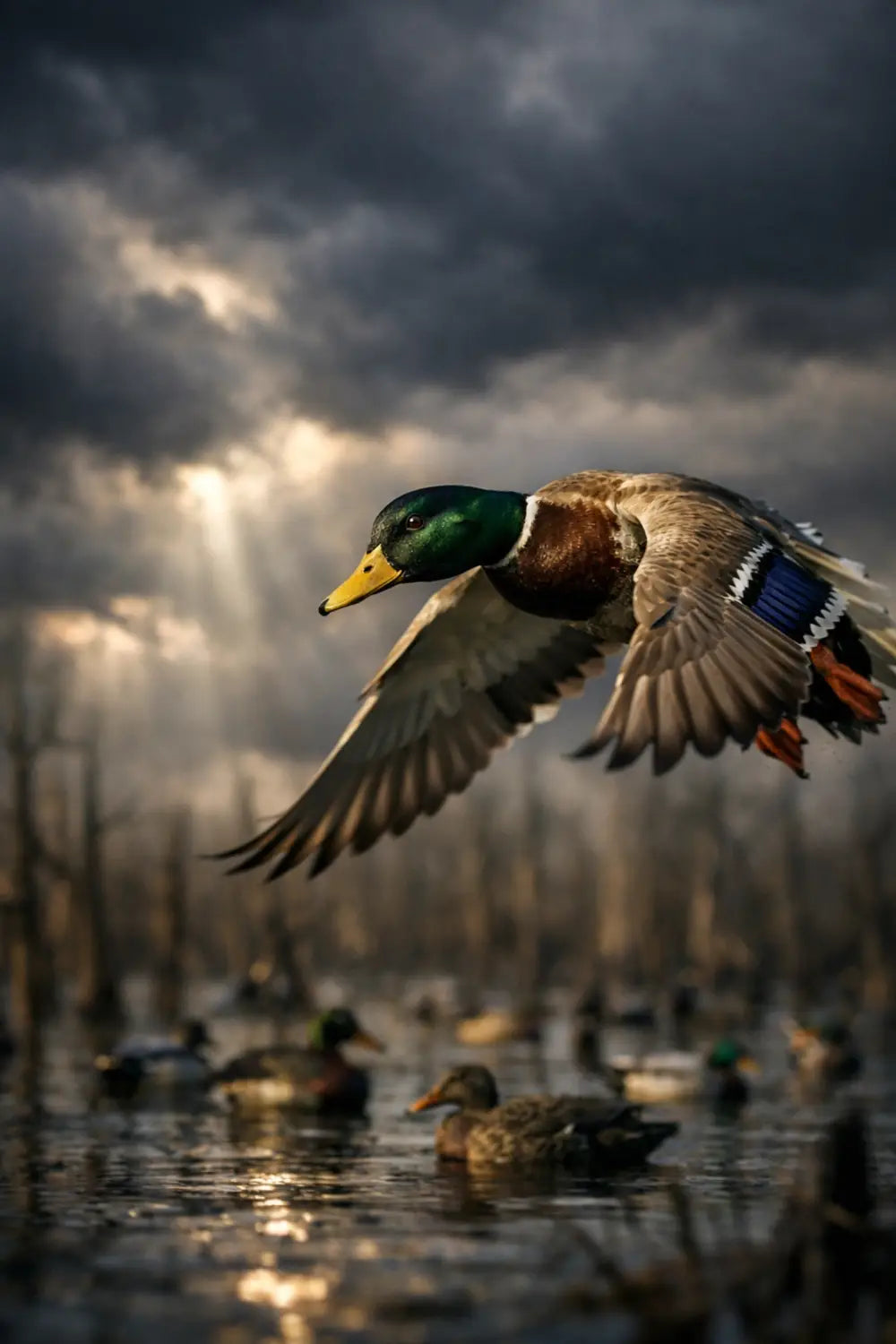 Wary mallard duck flying away from decoy spread showing natural discernment