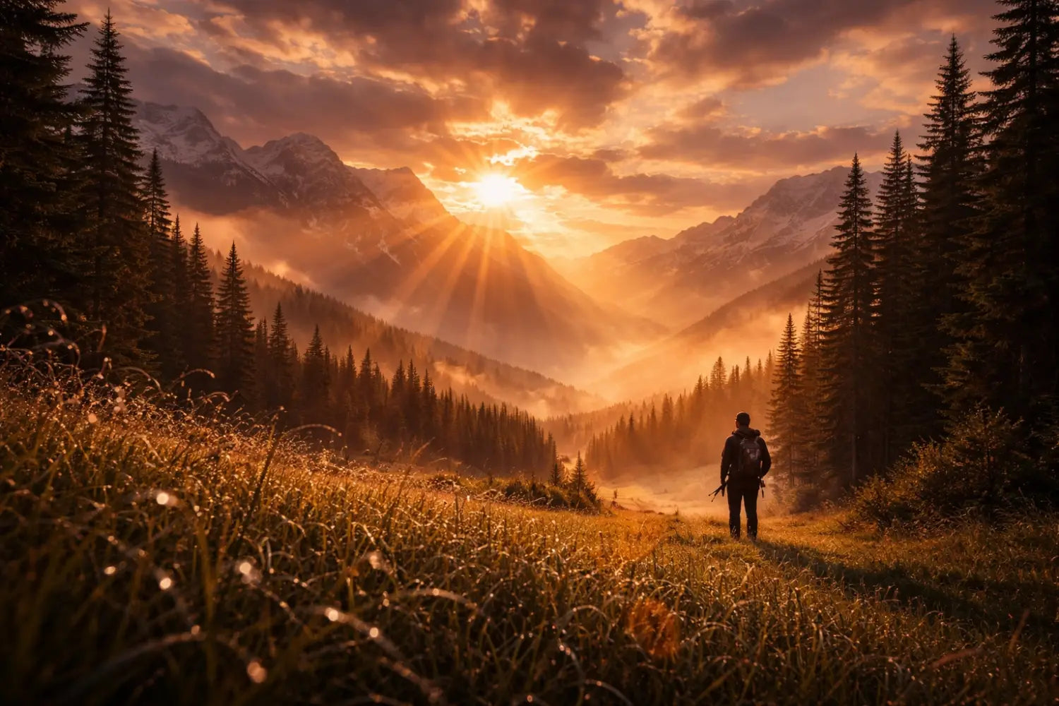Sunrise over mountain meadow with hunter silhouette, inspiring spiritual reflection in nature’s cathedral