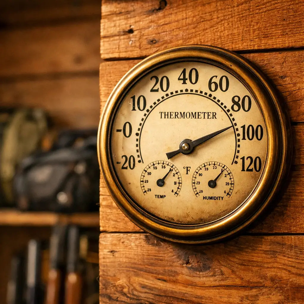 A brass thermometer used to monitor climate-controlled ammo stockpile conditions.