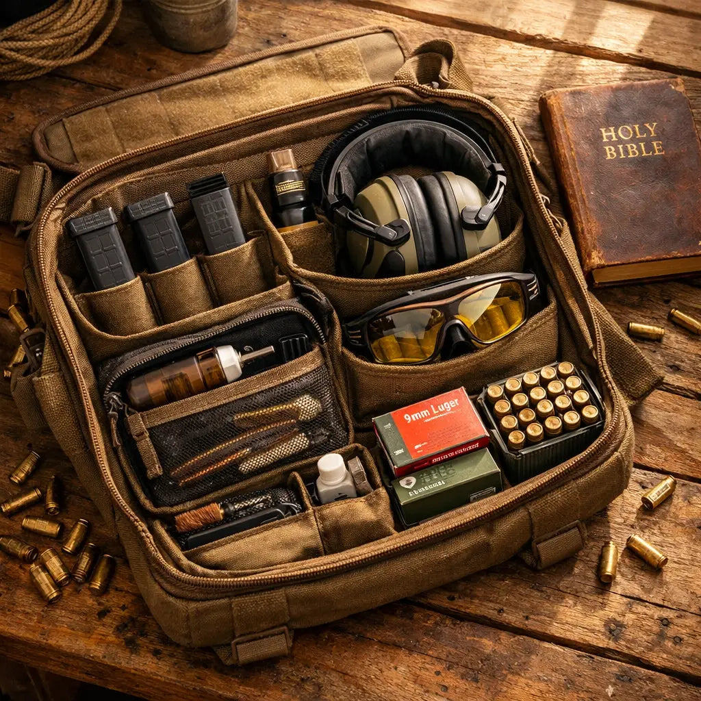 Organized tactical messenger bag for range with shooting gear, magazines, and Bible on wooden workbench
