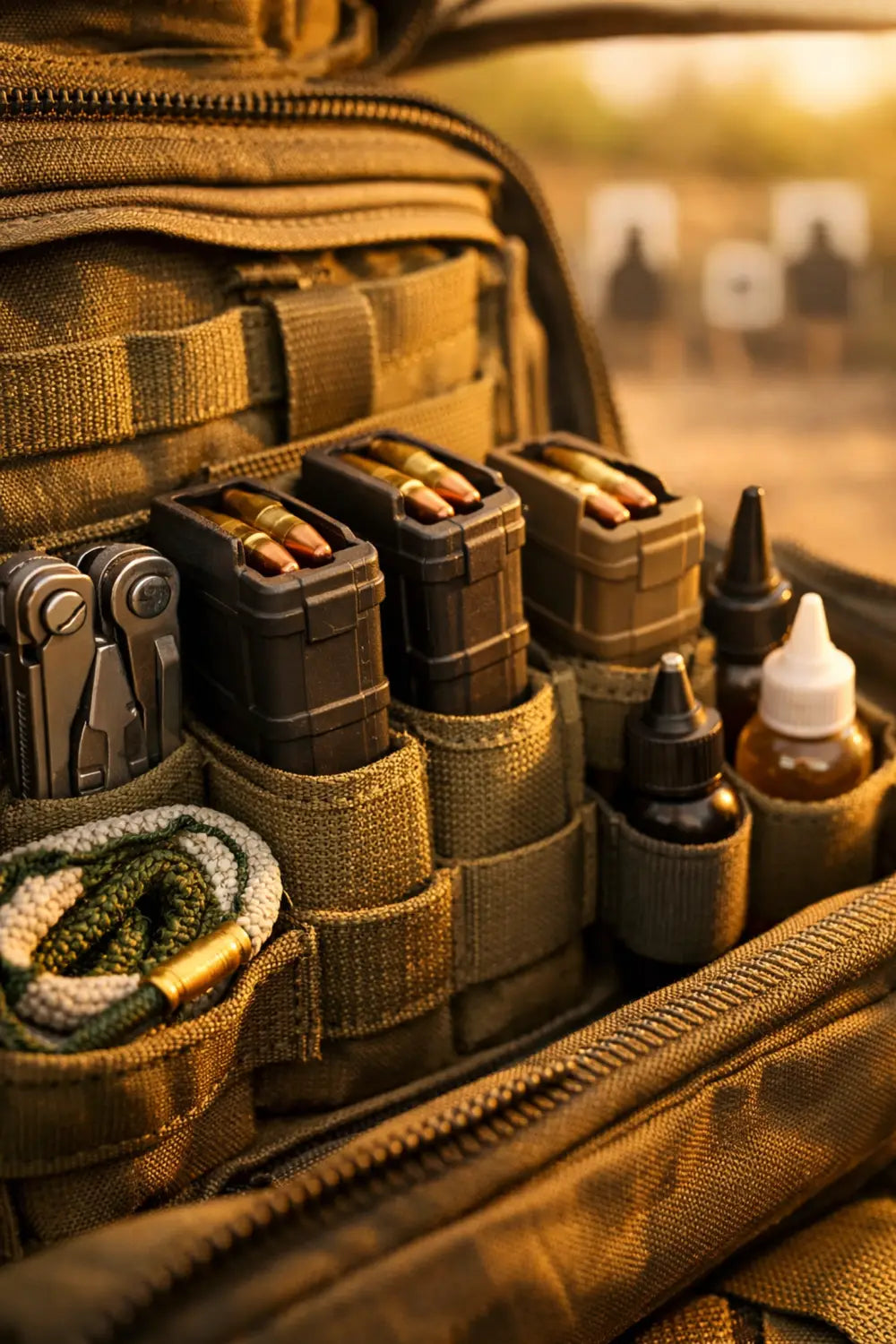 Gun magazines and cleaning tools neatly arranged in tactical range bag compartments