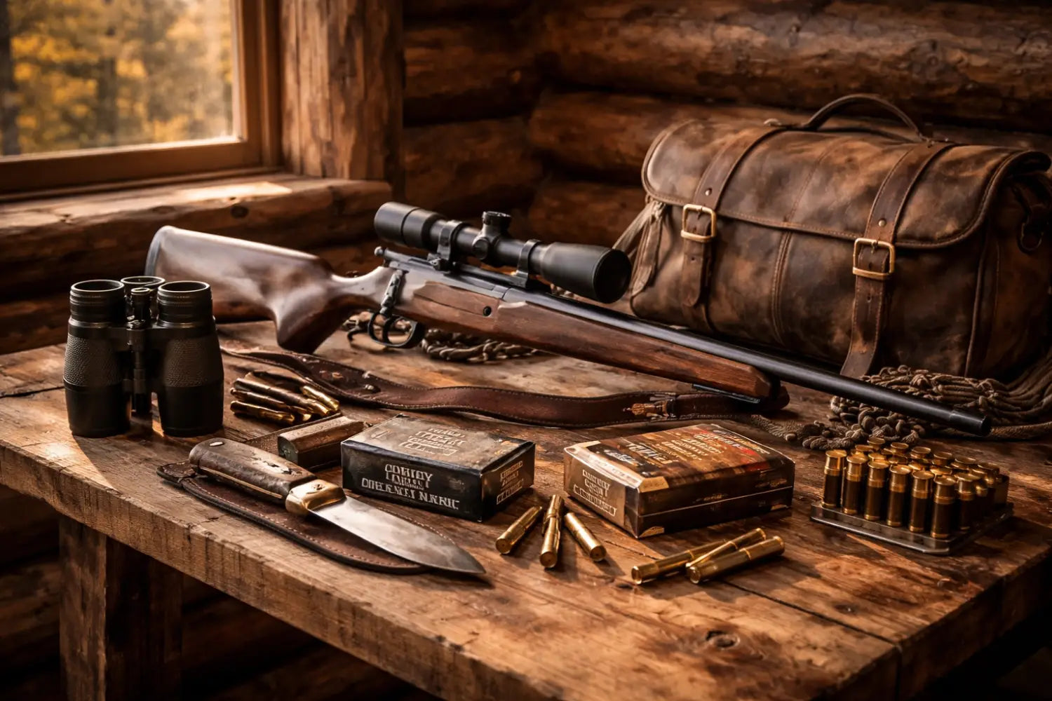Quality hunting gear, rifle, and ammo arranged on a rustic table, highlighting ethical hunting preparation
