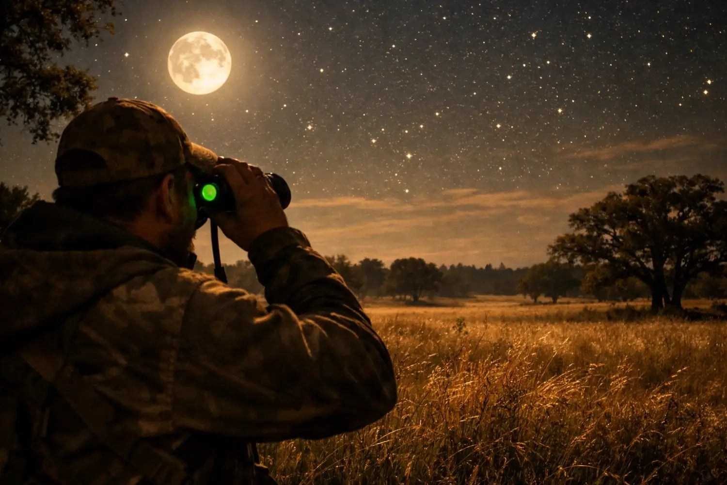 Hog hunter scanning open field at night using night vision optics under moonlight