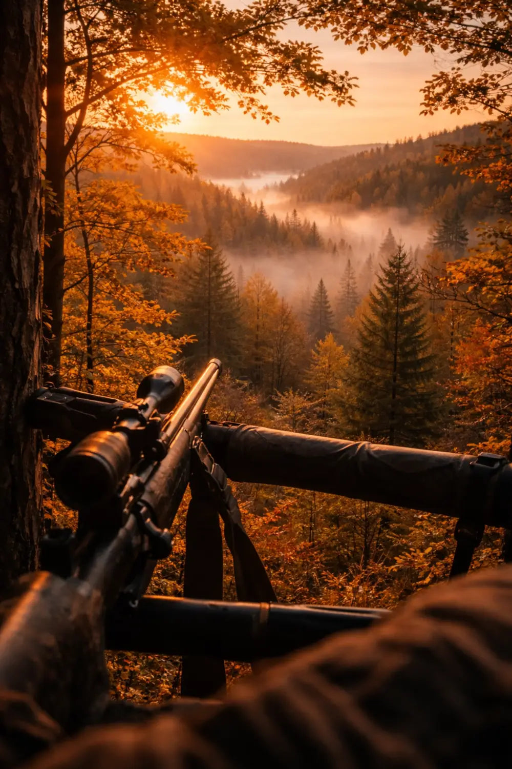 Hunter’s sunrise view from a tree stand overlooking a misty autumn forest, reflecting prayerful silence