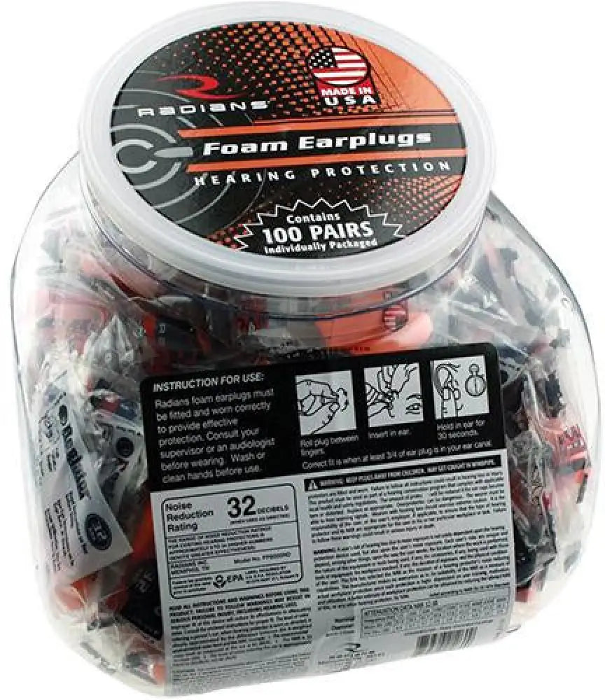 Radians Ear Plugs 100 Pairs of Uncorded Foam Earplugs in Poly Bags a Jar Buy at Faith and Freedom Outdoors