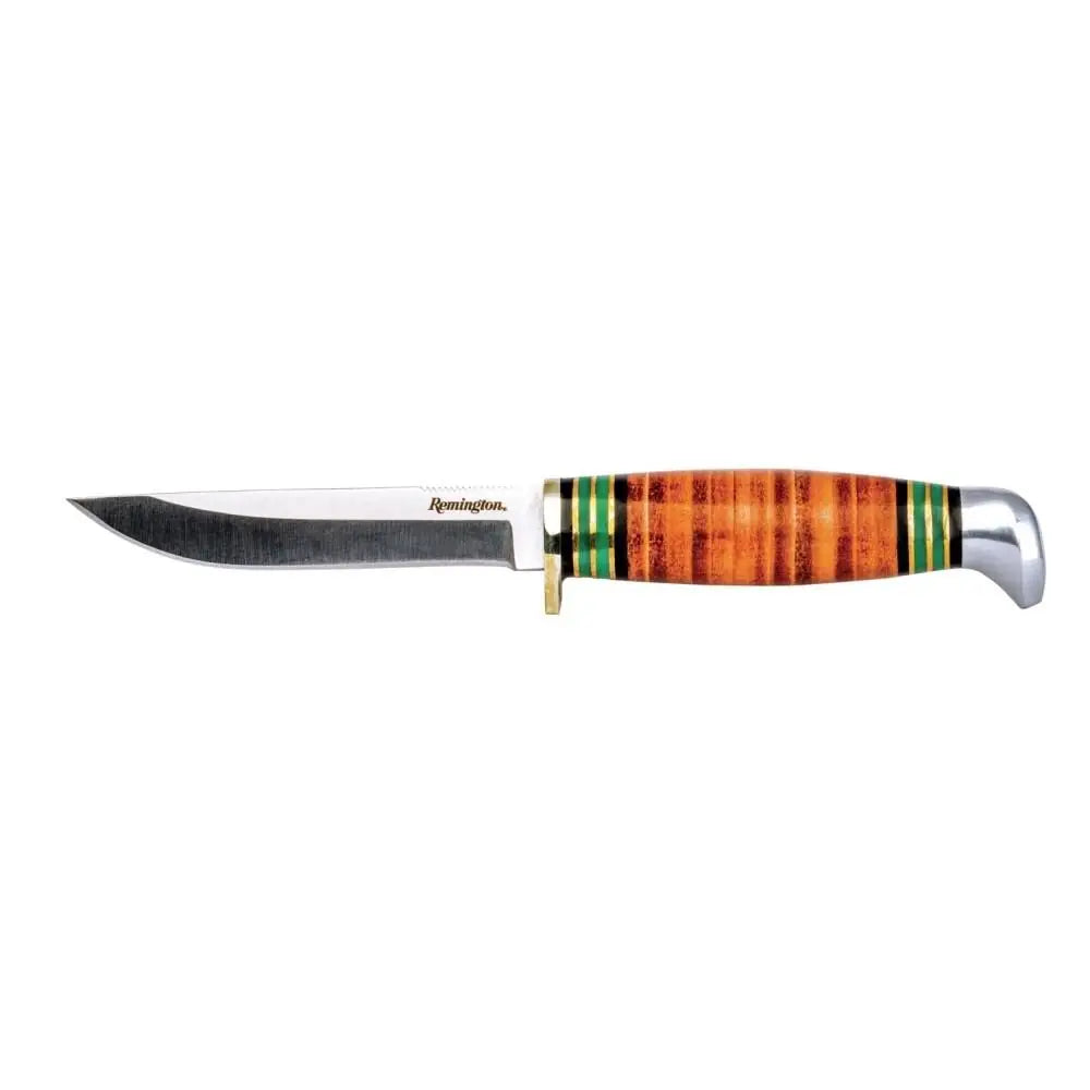 Remington Knives & Edged Tools Stacked Leather Fixed Knife 4’’ Straight Back Blade Buy at Faith and Freedom Outdoors