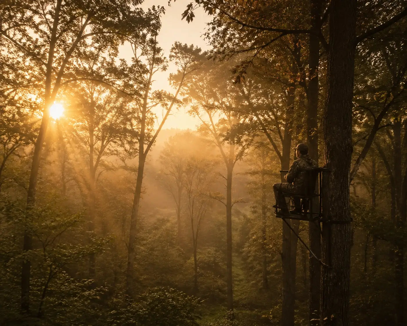 Hunter in a tree stand at dawn, finding stillness and prayer during a faith-fueled hunting trip.