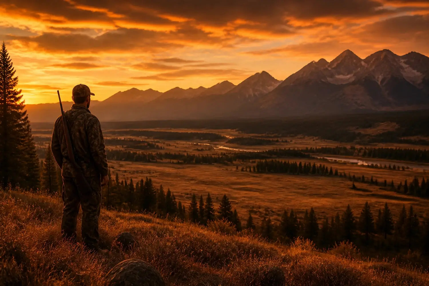 A hunter silhouetted in a vast meadow at golden hour, representing stewardship and gratitude for the outdoors.