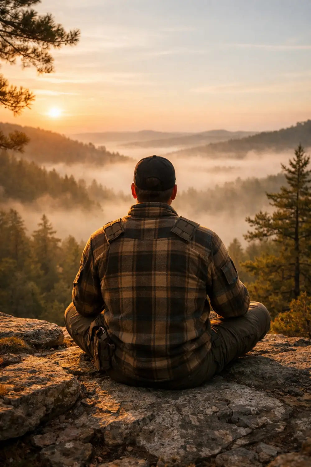 A man reflecting in silence on a mountain ledge at dawn during a faith-fueled wilderness retreat.