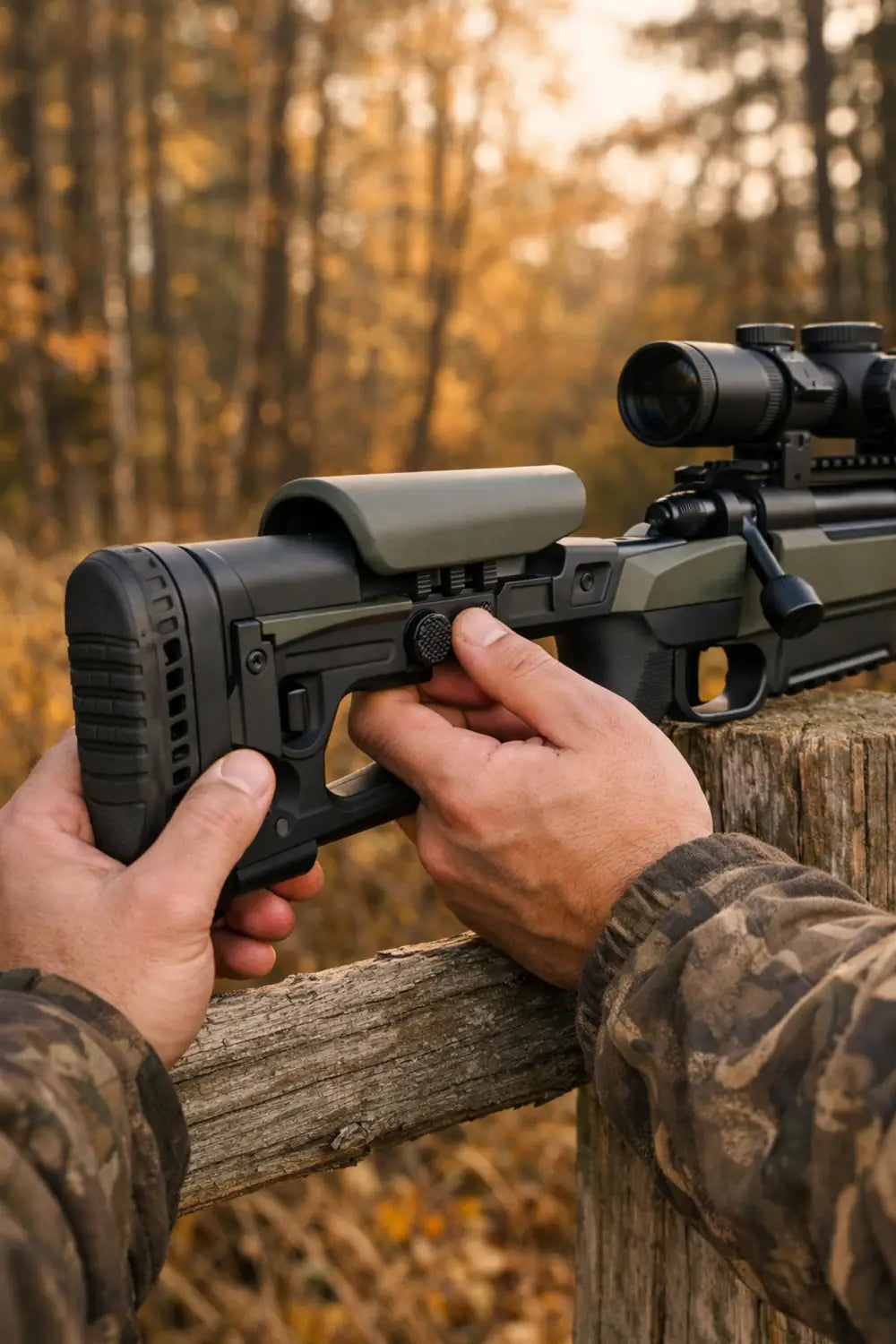Hunter adjusting an ergonomic rifle stock upgrade in autumn forest setting