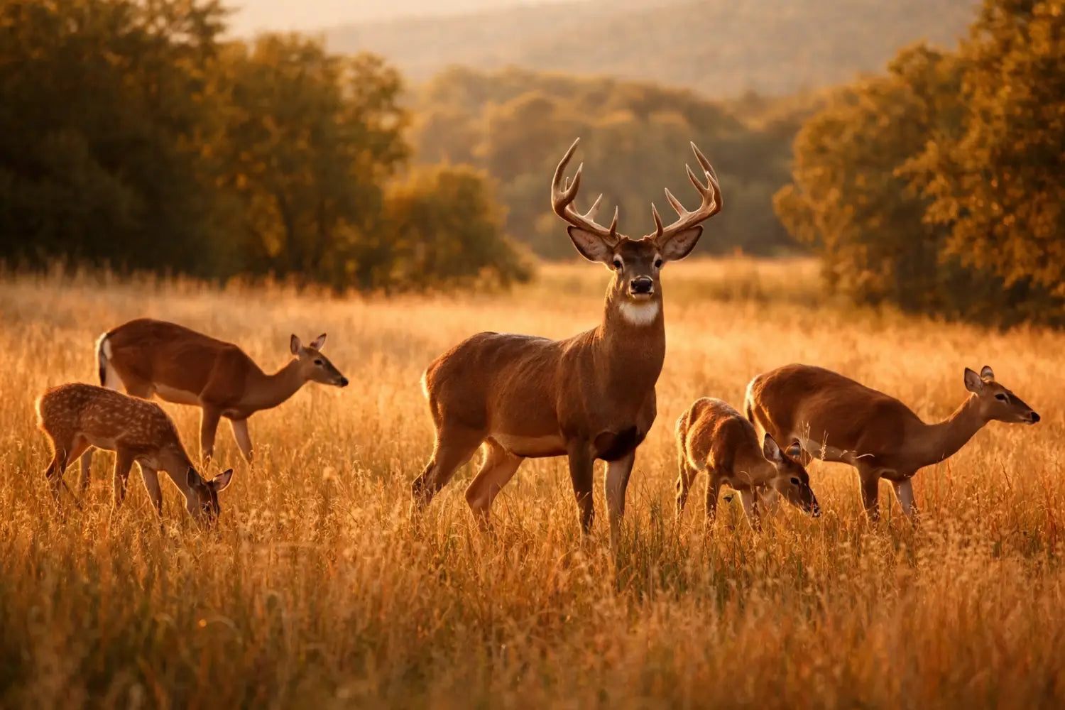 Whitetail deer graze in a golden meadow at sunset, illustrating wildlife conservation and balance.