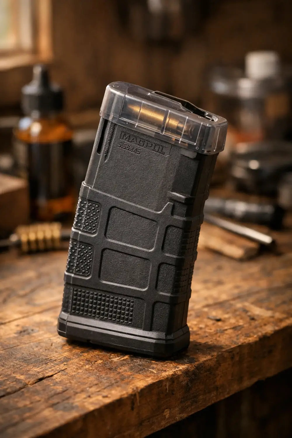 Magpul PMAG AR-15 magazine with dust cover installed on workbench with maintenance tools