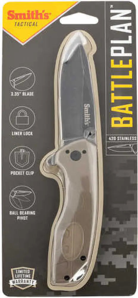 Smiths Products 50995 Battleplan 3.35’’ Folding Drop Point Plain Black Stonewashed 400 Ss Blade/ Desert Tan G10 Handle