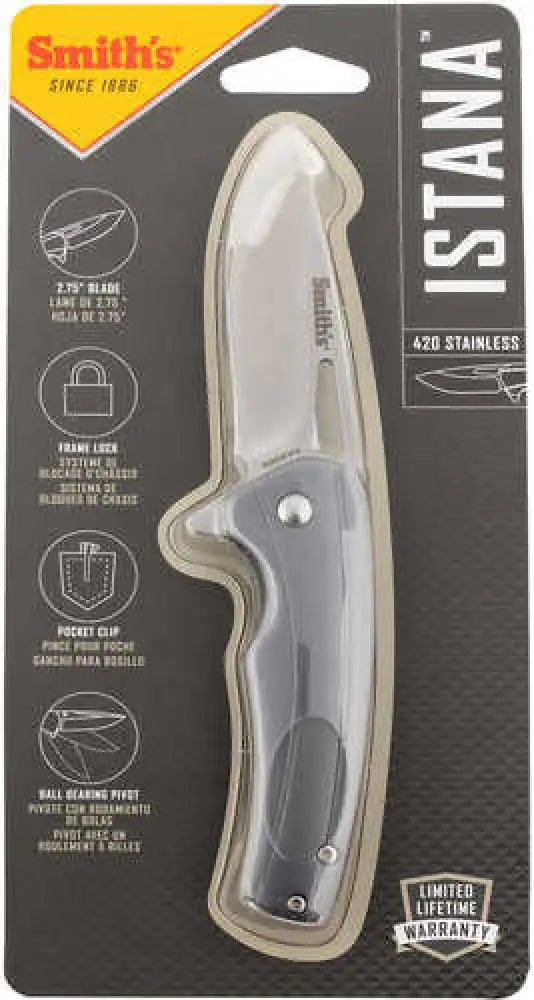 Smiths Products 51246 Istana 2.75’’ Folding Drop Point Plain Satin 400 Ss Blade/gray Anodized Aluminum Handle Includes