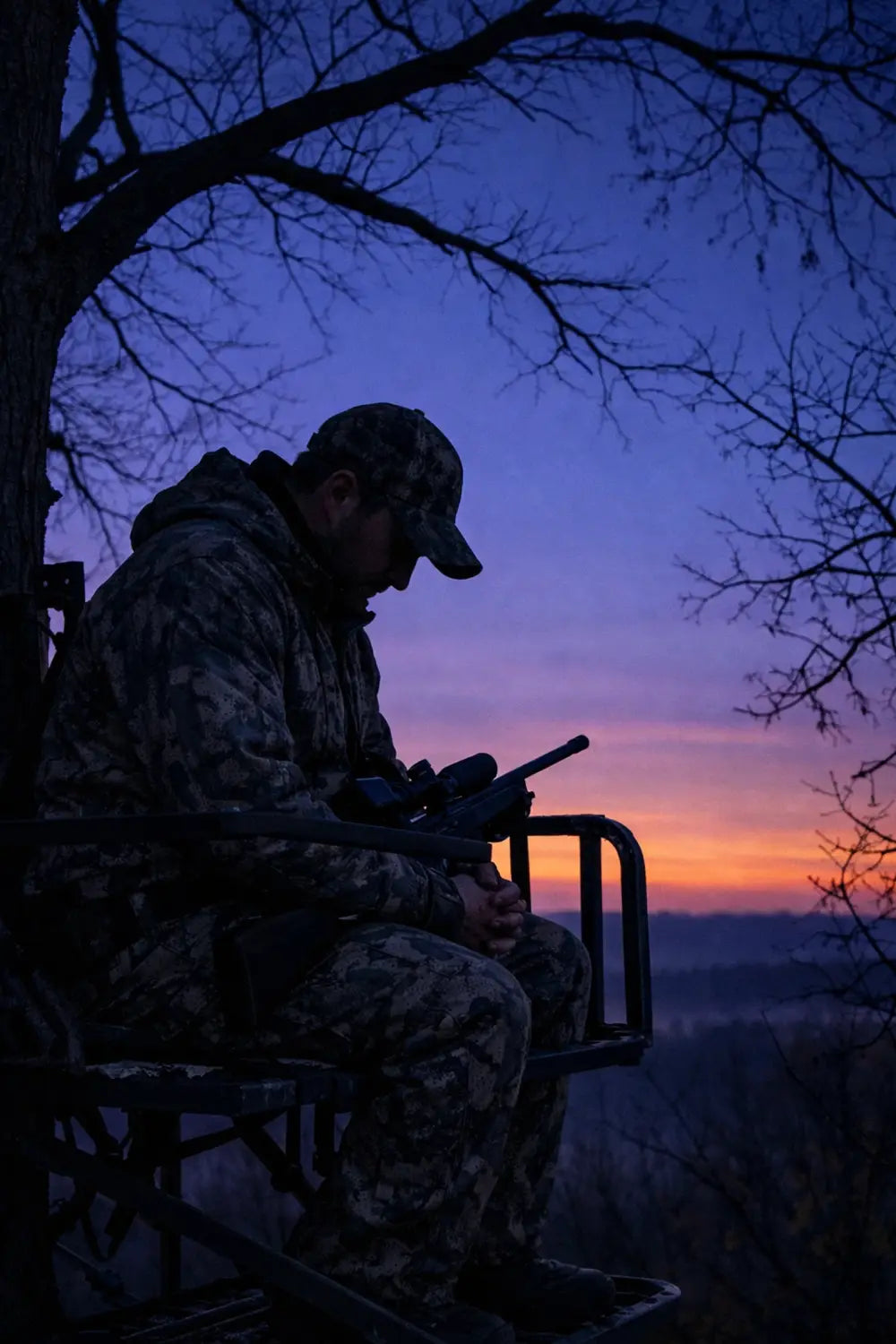 Hunter in tree stand at dawn in prayerful reflection before hunting