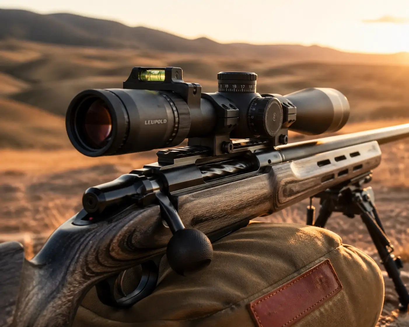 Precision rifle with a mounted level on a shooting bag at an outdoor range during sunset.