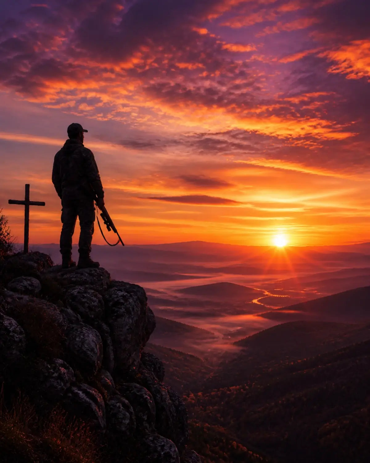 Hunter reflecting at sunrise over a vast valley