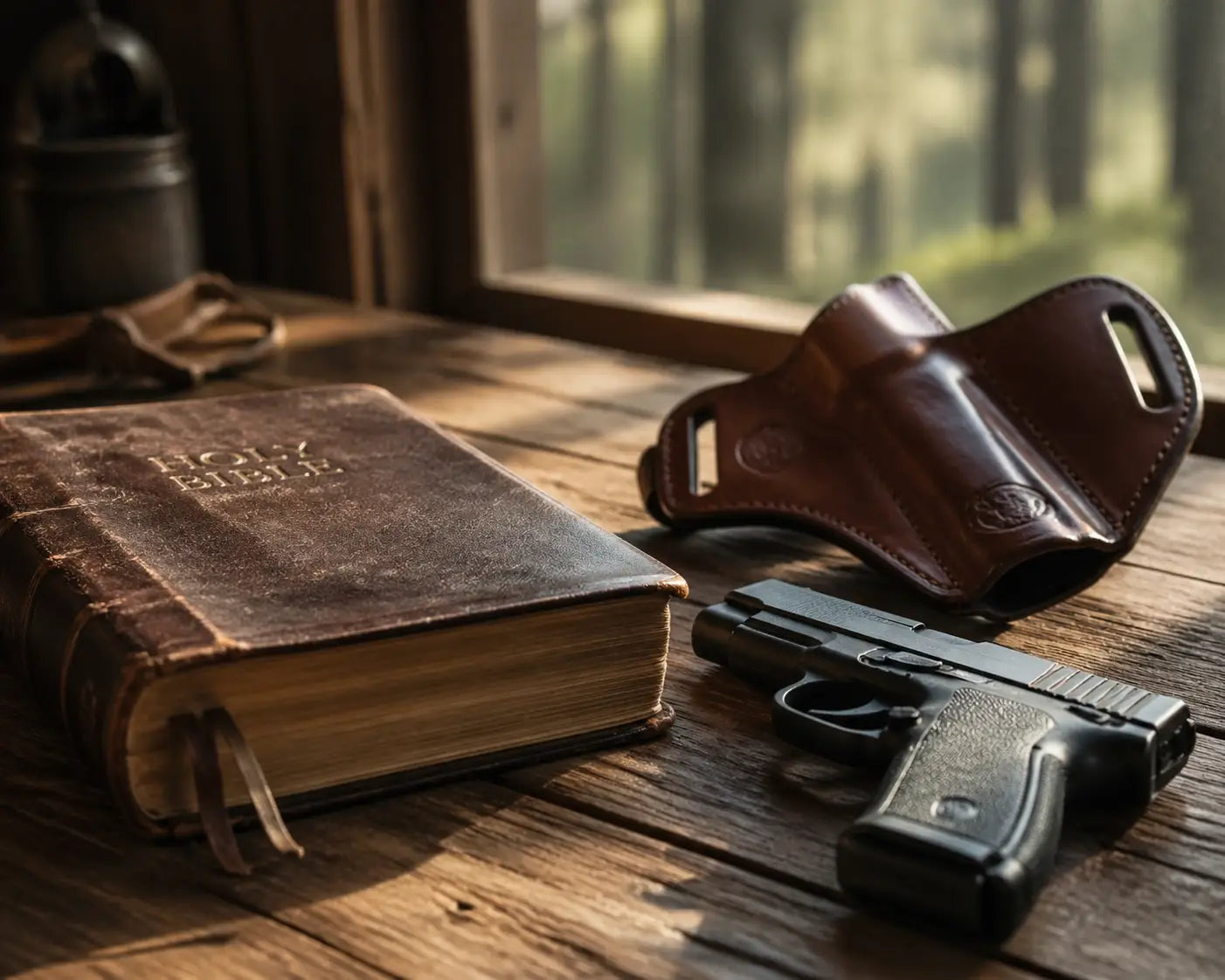 Bible and handgun in a leather holster on a rustic table, symbolizing faith and protection.