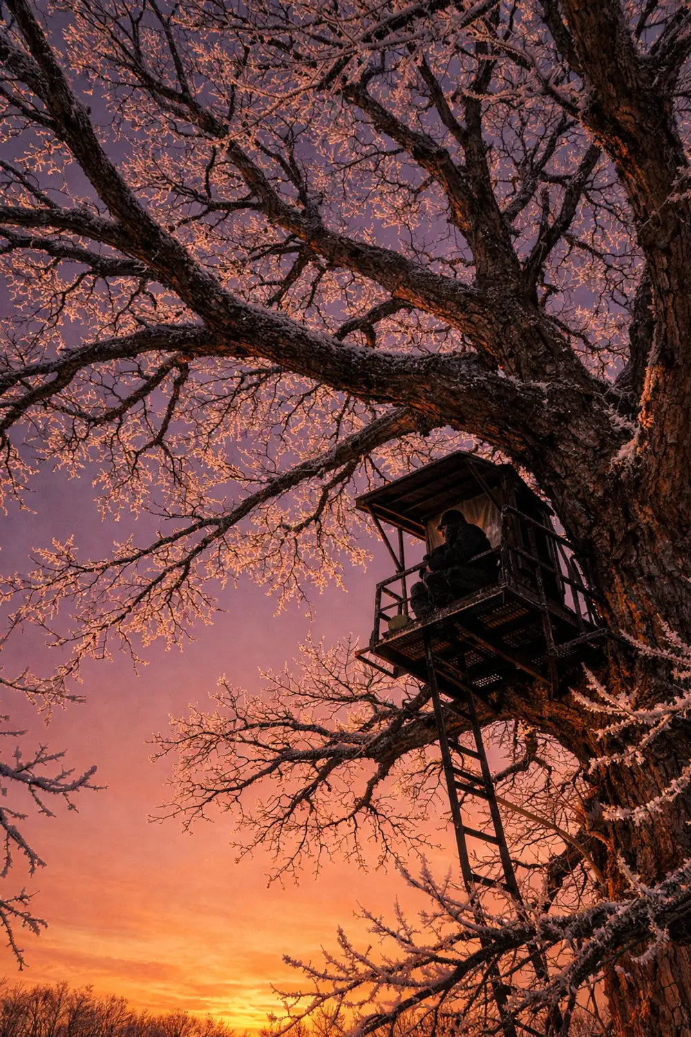 Elevated tree stand in oak tree at sunrise illustrating solitary wait for God's perfect timing