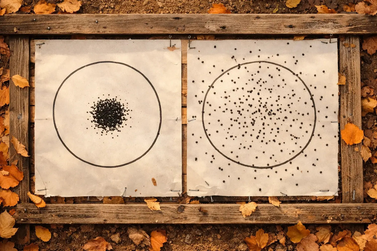 Tight versus scattered shotgun pattern comparison showing focused aim
