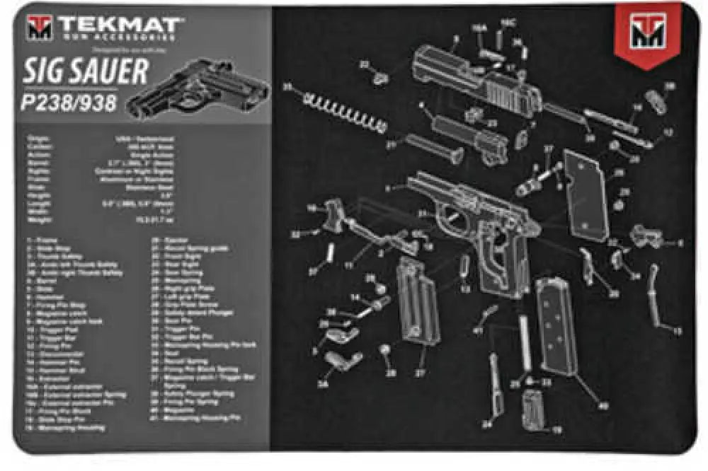 Tekmat Sig P238 Pistol Mat 11’’x17’’ Black Includes Small Microfiber Tektowel Packed in Tube R17-sigp238