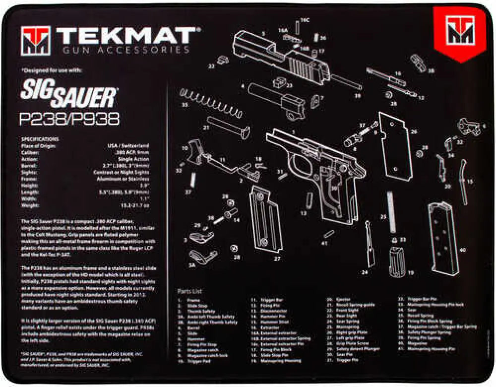 Tekmat Ultra 20 Sig Sauer P238 Gun Cleaning Mat - Tek-r20-sigp238