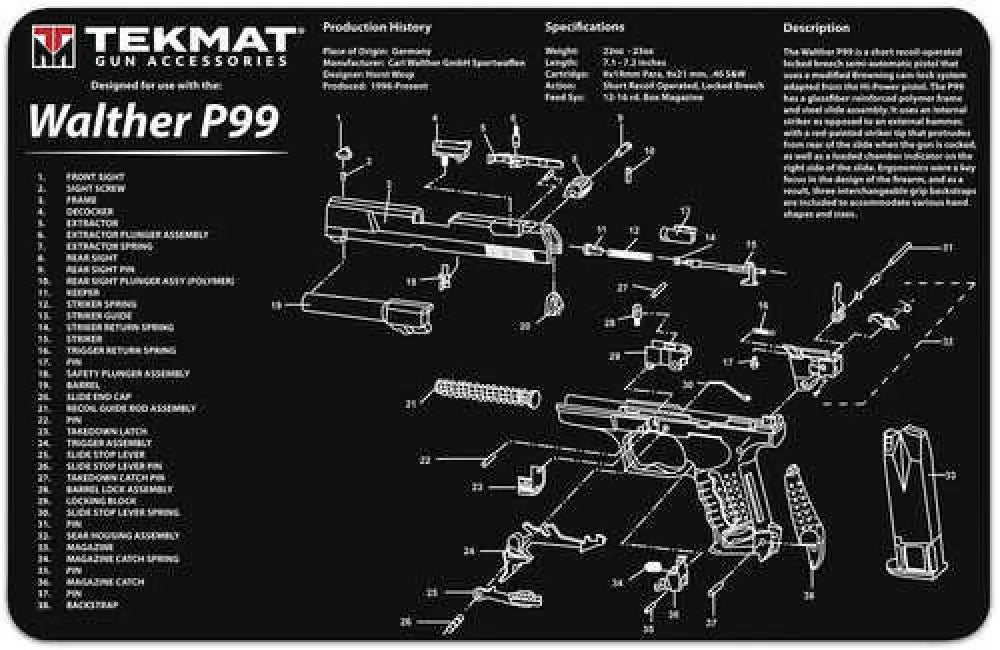 Tekmat Walther P99 Handgun Cleaning Mat 11’’x17’’x1/8’’ - Tekr17walp99