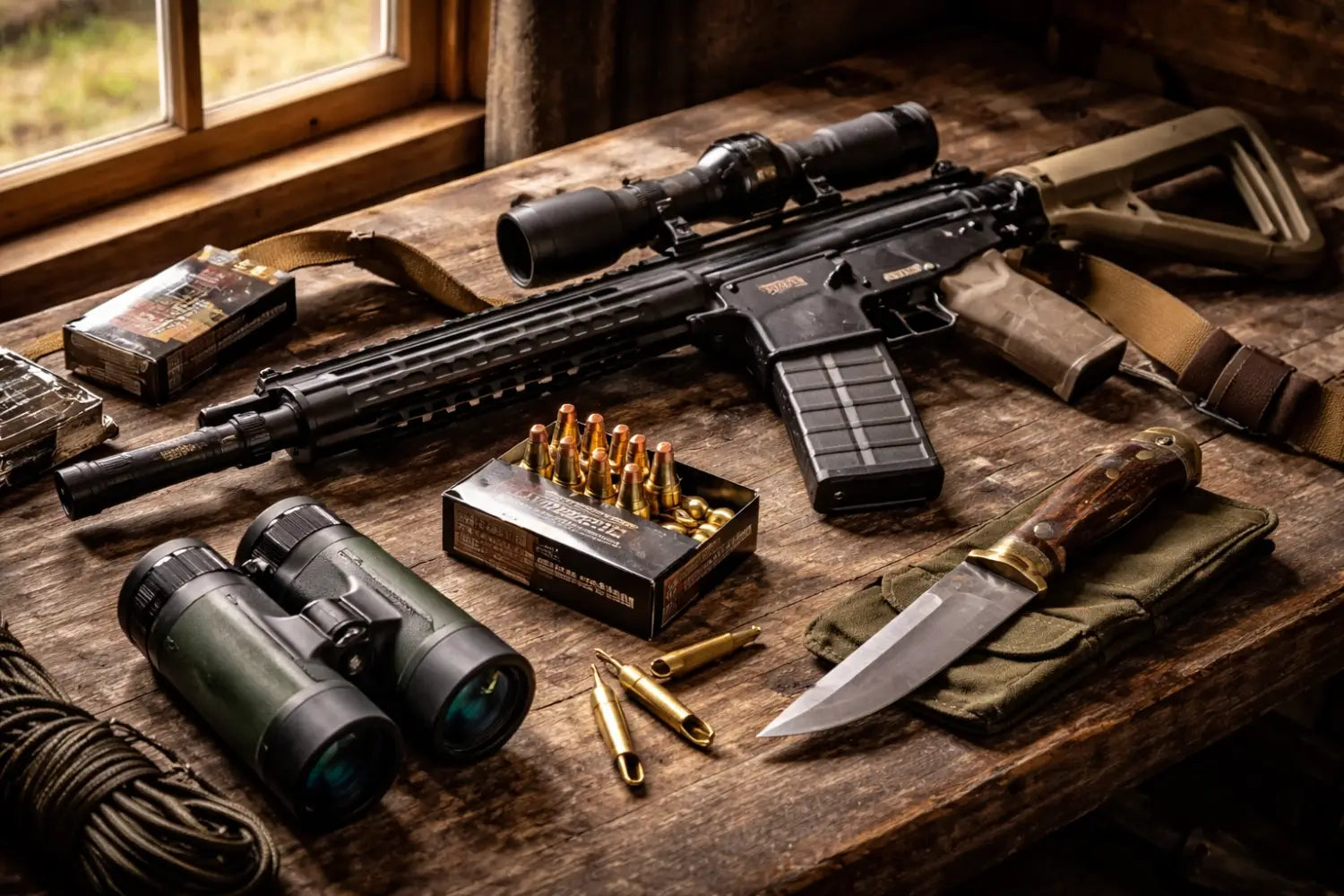 Quality hunting gear including rifle, Magpul magazine, and Hornady ammo on rustic table, ready for a youth hunt.