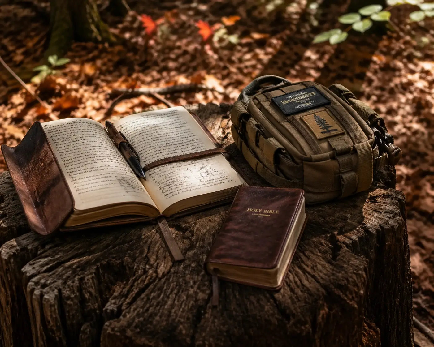 A pocket Bible and leather journal on a forest stump for hunting trip reflection.