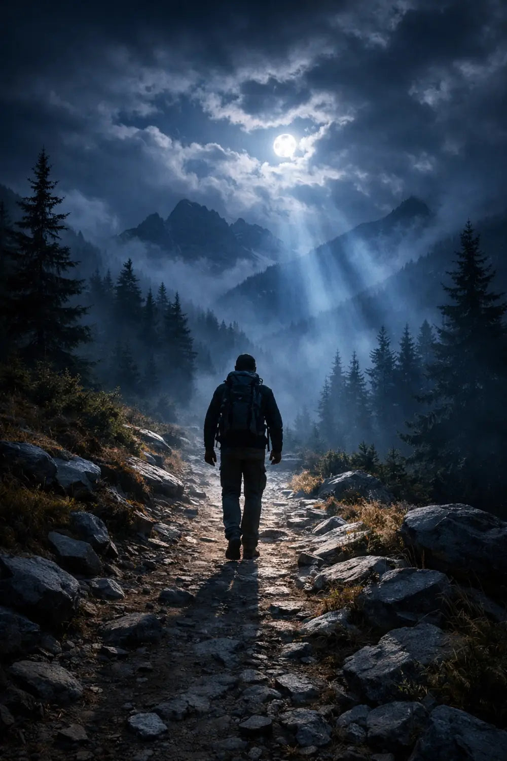 Hiker walking mountain trail at night with moonlight guidance through misty forest darkness