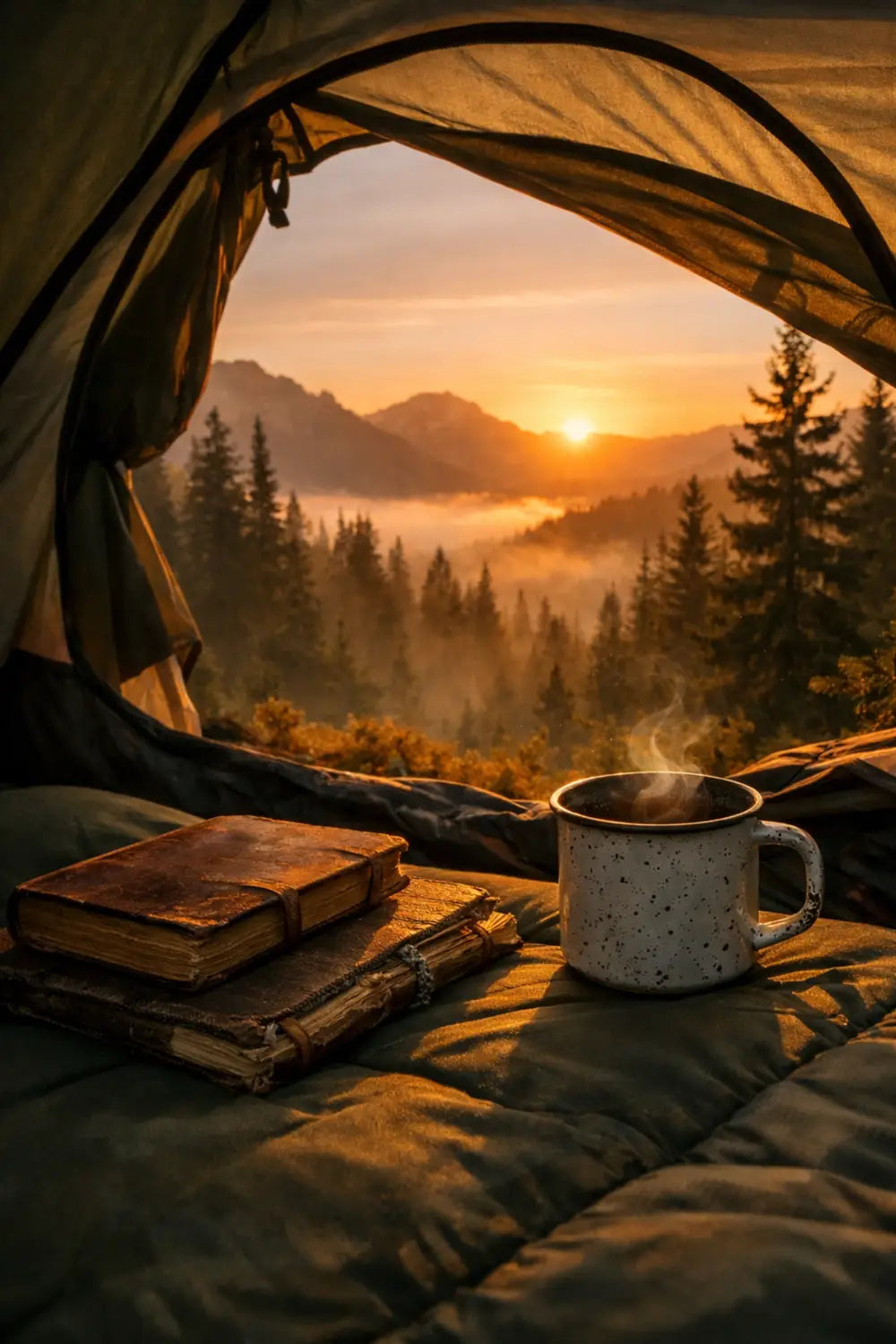 Morning devotional setup inside a camping tent with a Bible and coffee overlooking a mountain sunrise.