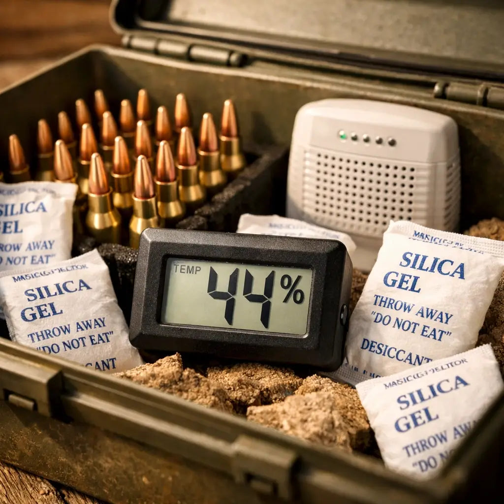 Open ammo storage container with hygrometer showing humidity control and silica gel packets