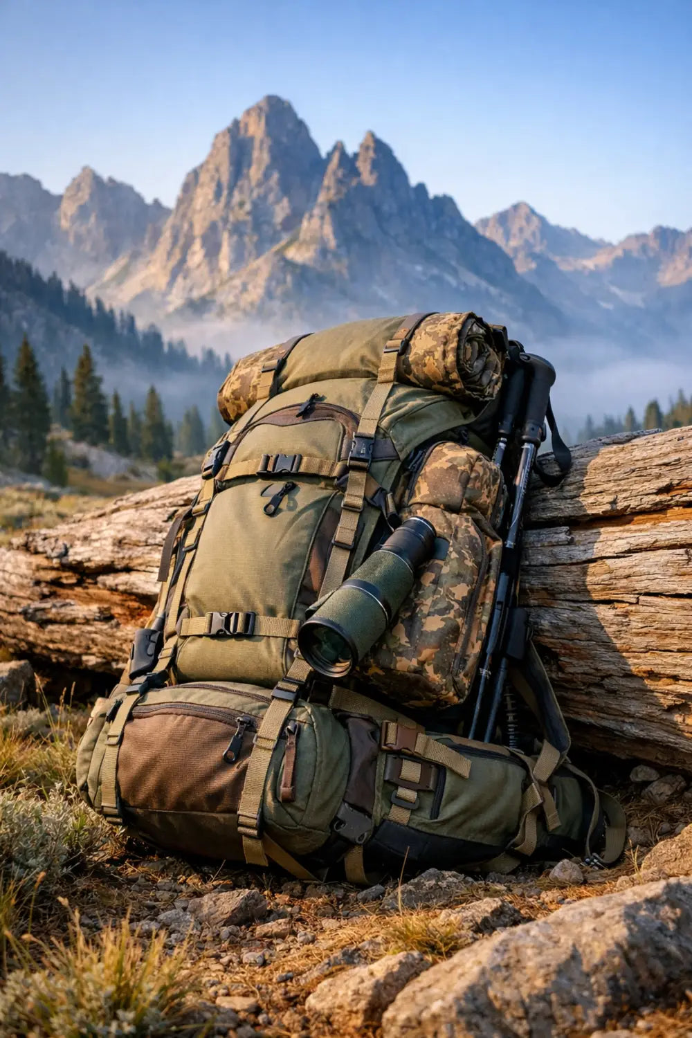 Large Tenzing hunting pack in an alpine meadow, ready for backcountry exploration and freedom.