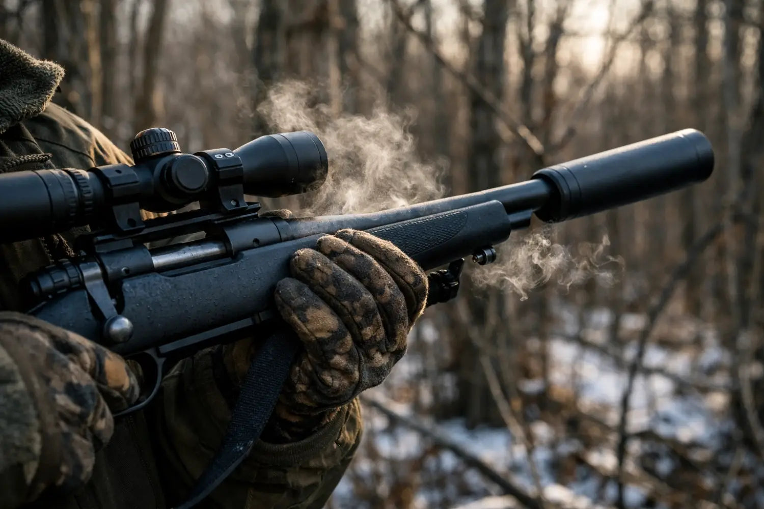 Hunter with gloved hands holding suppressed rifle in winter woodland hunting setting