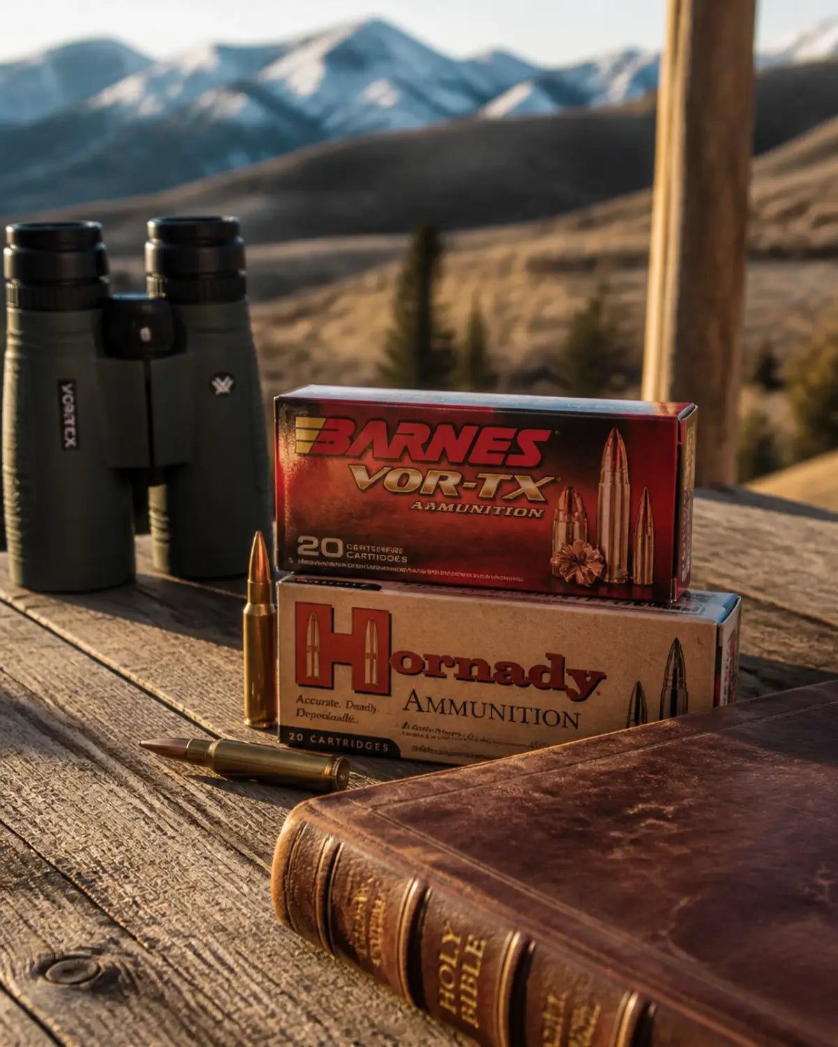 A leather-bound Bible alongside Hornady and Barnes ammunition, representing the union of faith and field preparation.