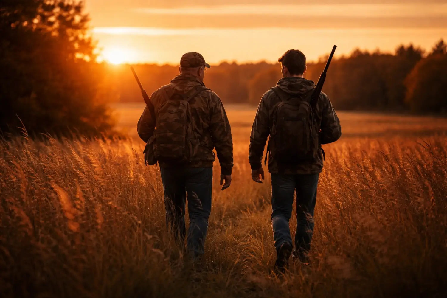 Father and son walk through an autumn field with hunting gear, representing generational Christian values in the outdoors.